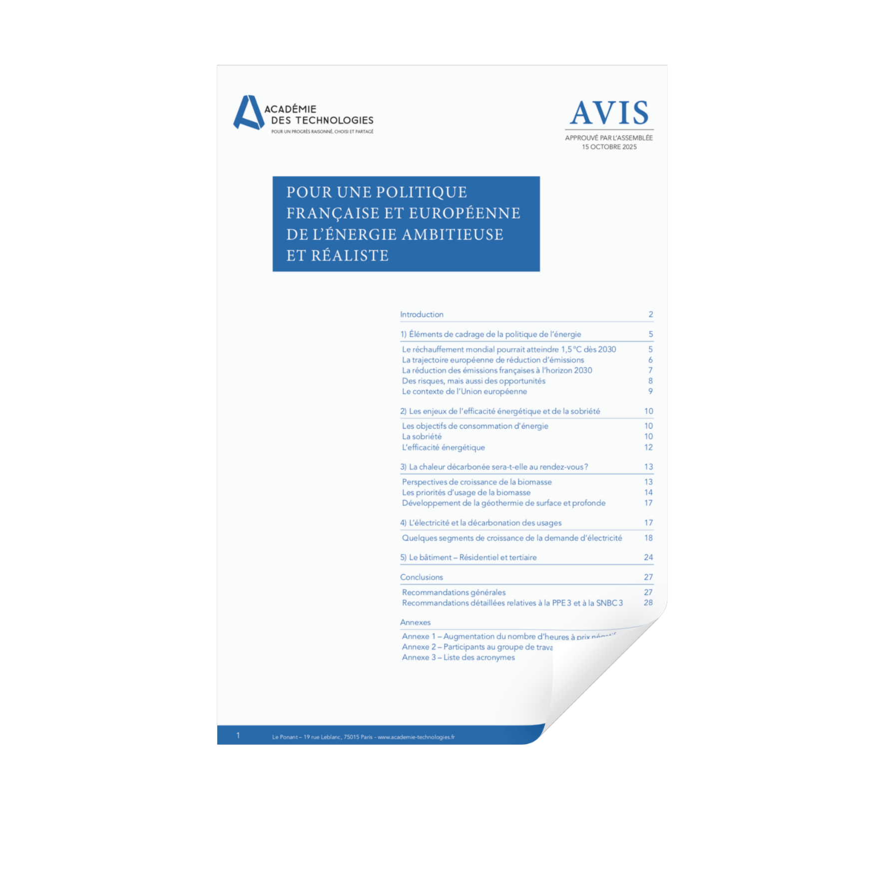 Image de couverture de l'avis Pour une politique française et européenne de l’énergie ambitieuse et réaliste